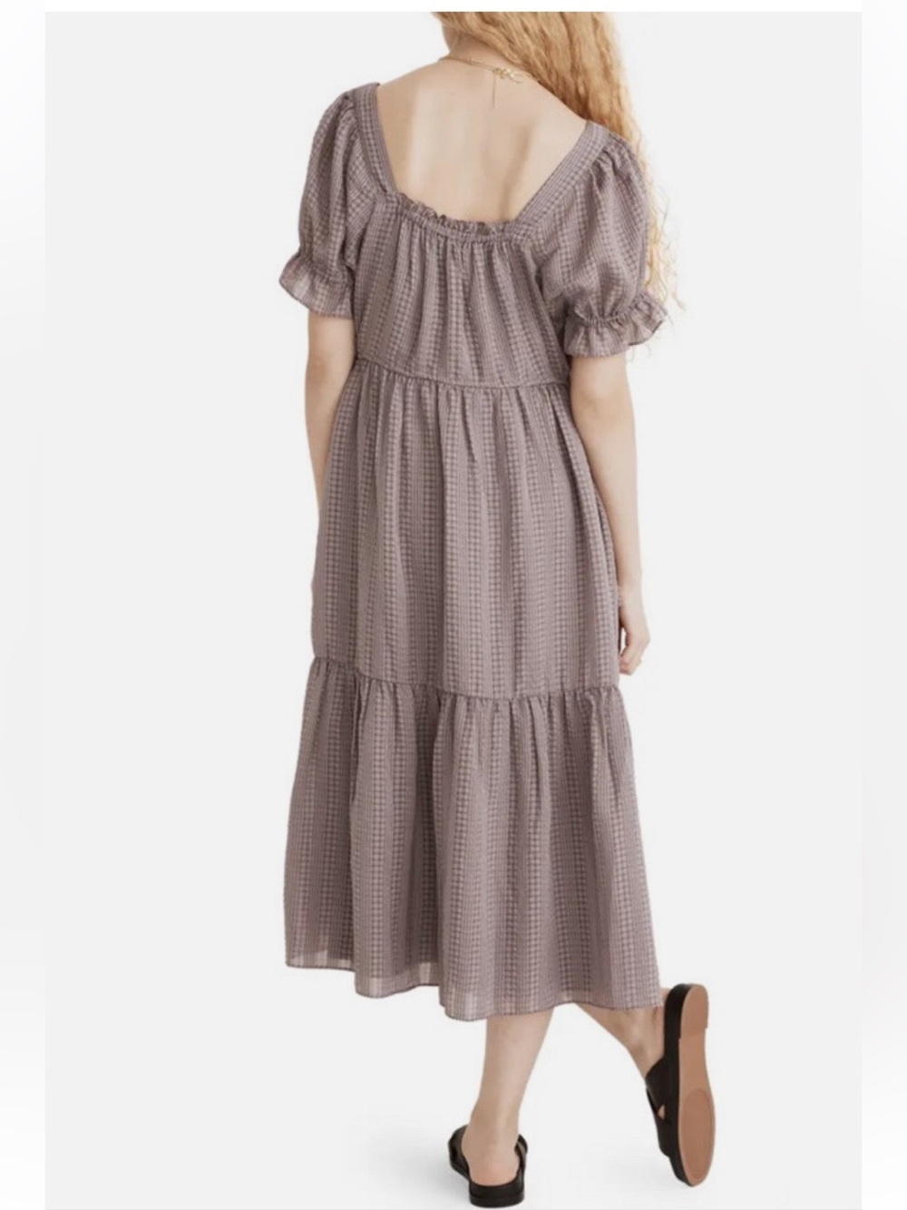 Madewell Purple Plaid Square Neck Tiered Textured Seersucker Midi Size Medium - Picture 3 of 12